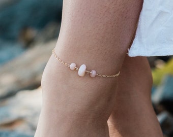 Pink Peruvian opal beaded anklet. Pink Peruvian opal anklet. Pink opal anklet. Pink crystal bead anklet. Boho October birthstone anklet.