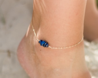 Lapis lazuli bead bar crystal gemstone anklet in bronze, silver, gold or rose gold - 8" chain with 2" extender - September birthstone