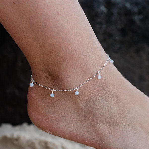 Boho blue lace agate gemstone dangle bead drop anklet in gold, silver, bronze or rose gold - 9" wide with 2" adjustable extender