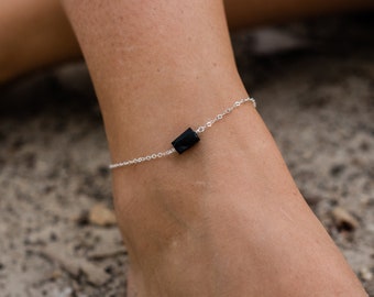 Raw black tourmaline crystal nugget anklet bracelet in gold, silver, bronze or rose gold - 8" chain with 2" adjustable extender