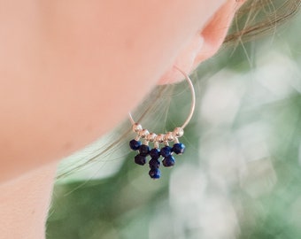 Lapis lazuli bohemian earrings. Lapis lazuli earrings. Chandelier earrings. Fringe hoop earrings. Gemstone earrings. September birthstone.