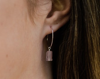 Pink rose quartz raw crystal hoop earrings in gold, silver, bronze, or rose gold - Natural crystal January birthstone hoops