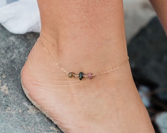 Rainbow Tourmaline Beaded Anklet, Adjustable Gemstone Ankle Bracelet