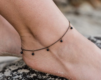 Boho black onyx gemstone dangle bead drop anklet in gold, silver, bronze or rose gold - 9" wide with 2" adjustable extender. July birthstone