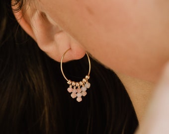 Pink Peruvian Opal gemstone earrings. Gypsy earrings. Gypsy hoops earrings. Pink Peruvian Opal earrings. October birthstone earrings.