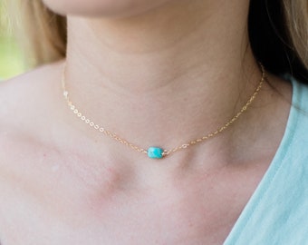 Tiny raw blue green turquoise crystal nugget choker necklace in gold, silver, bronze or rose gold. Adjustable length. Handmade to order