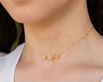 Delicate gold choker citrine necklace. Crystal jewelry birthday gift. Gold necklace gifts for her. Beaded necklace. Gemstone necklace.
