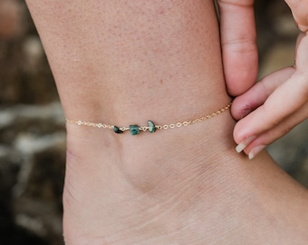 Emerald Rosary Anklet, Wire Wrapped Gemstone Beads, Boho Style