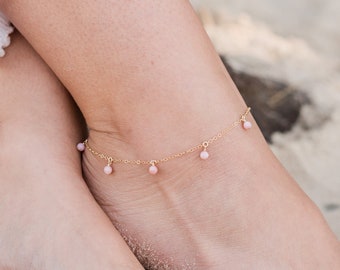 Boho pink Peruvian opal gemstone dangle bead drop anklet in gold, silver, bronze or rose gold - 9" wide with 2" extender. October birthstone