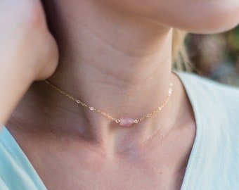 Tiny raw pink rose quartz crystal nugget choker necklace in gold, silver, bronze or rose gold. Adjustable length. Handmade to order.