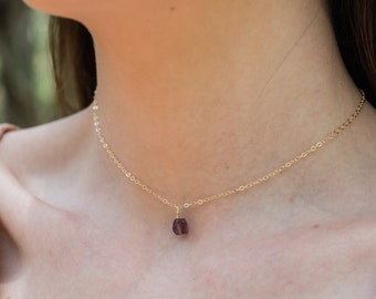 Tiny raw purple amethyst gemstone pendant choker necklace in gold, silver, bronze or rose gold - February birthstone necklace