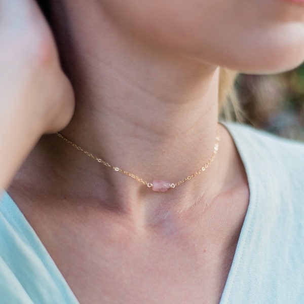 Tiny raw pink rose quartz crystal nugget choker necklace in gold, silver, bronze or rose gold. Adjustable length. Handmade to order.