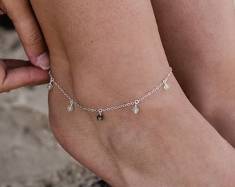 Boho green prehnite gemstone dangle bead drop anklet in gold, silver, bronze or rose gold - 9" wide with 2" adjustable extender