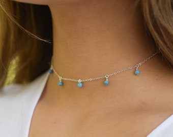 Boho aqua blue larimar dangle bead drop choker necklace in bronze, silver, gold or rose gold. Adjustable length. Handmade to order.