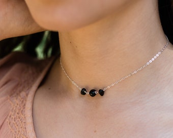 Black Tourmaline Sterling Silver Choker, Dainty Gemstone Necklace