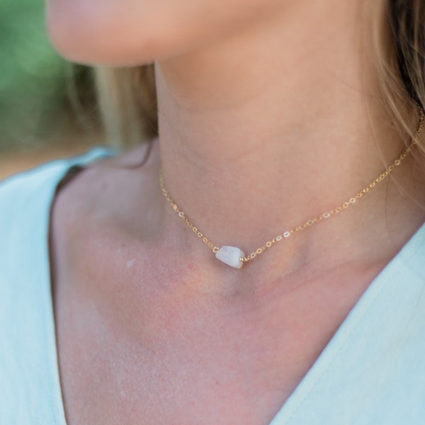 Tiny raw rainbow moonstone crystal nugget choker necklace in gold, silver, bronze or rose gold. Adjustable length. Handmade to order.