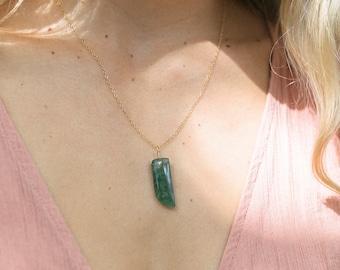 Aventurine smooth polished point crystal necklace - Natural aventurine necklace - Large green aventurine crystal necklace