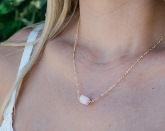 Small raw pink Peruvian opal quartz crystal nugget necklace in gold, silver, bronze or rose gold - October birthstone necklace