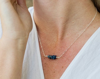 Lapis Lazuli Gemstone Bar Necklace - Lapis Lazuli Bead Necklace - Tiny Lapis Lazuli Necklace - Blue Lapis Lazuli Round Bead Bar Necklace