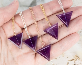 Amethyst Triangle Necklace - Amethyst Necklace - Long Purple Amethyst Necklace - Lavender Crystal Quartz Necklace - February Birthstone