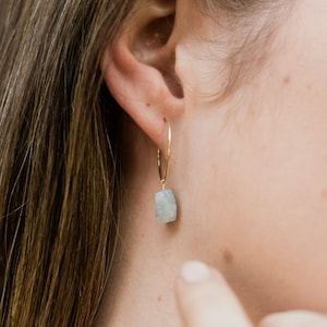 Blue aquamarine raw crystal hoop earrings in gold, silver, bronze, or rose gold - Natural crystal March birthstone hoops