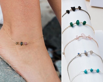 Personalized Birthstone Chip Anklet, Gemstone Beaded Ankle Jewelry