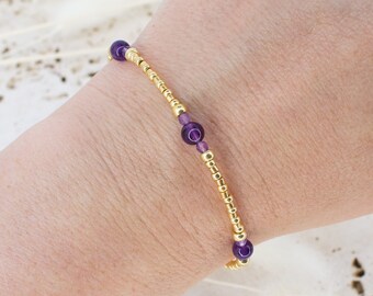 Waterproof Amethyst Beaded Bracelet, Gold-Filled or Sterling Silver, Handmade