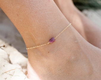 Raw pink red ruby crystal nugget anklet bracelet in gold, silver, bronze or rose gold. 8" chain with 2" adjustable extender. July birthstone
