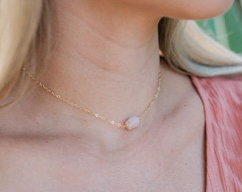 Tiny raw pink Peruvian opal crystal nugget choker necklace in gold, silver, bronze or rose gold. Adjustable length. Handmade to order.