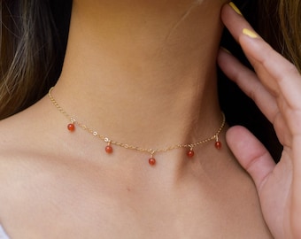 Carnelian boho choker. Carnelian choker. Red bead drop choker. Orange crystal bead dangle choker. July birthstone red choker necklace.