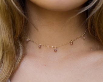 Orange sunstone bead drop choker necklace in silver, gold, rose gold, or bronze. Adjustable length. Handmade to order.