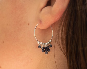 Blue sapphire statement hoop earrings in bronze, silver, gold or rose gold. Bohemian gemstone beaded thin hoop earrings. Gift for her.