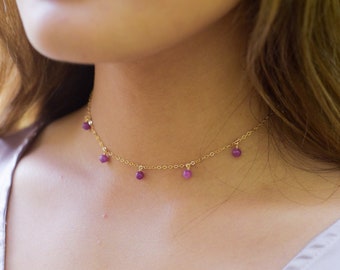 Ruby bead drop choker necklace in gold, silver, rose gold, or bronze. July birthstone necklace. Adjustable length. Handmade to order.