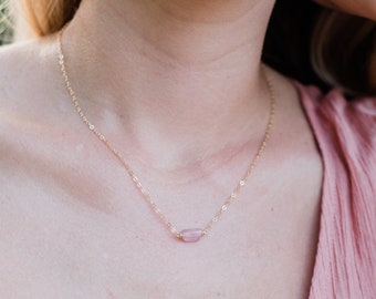 Small raw pink rose quartz crystal nugget necklace in gold, silver, bronze or rose gold - January birthstone necklace