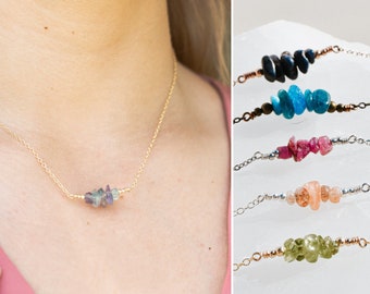 Custom Birthstone Chip Necklace, Gemstone Bead Bar, Personalised Gift