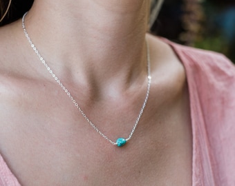Small raw blue green turquoise crystal nugget necklace in gold, silver, bronze or rose gold - December birthstone necklace