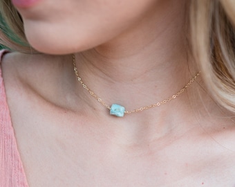 Tiny raw light blue larimar crystal nugget choker necklace in gold, silver, bronze or rose gold - Adjustable length. Handmade to order