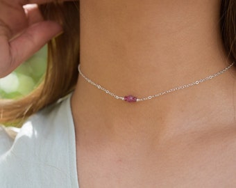 Pink tourmaline dainty chain choker. Tourmaline choker. October birthstone. Pink beaded choker. Pink bead choker. Tiny beaded choker