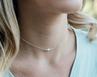 Dainty Blue Lace Agate Choker, Sterling Silver Necklace, Adjustable Length