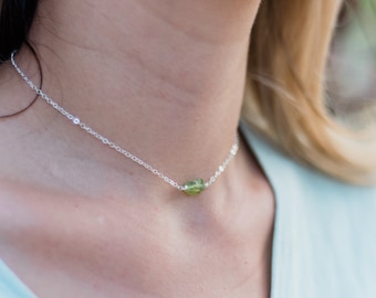 Tiny raw green peridot crystal nugget choker necklace in gold, silver, bronze or rose gold - Adjustable length. Handmade to order