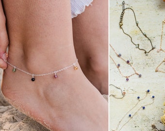 Custom boho bead dangle drop anklet. Personalise with your gemstones, length & material. Birthstone ankle bracelet gift for women.