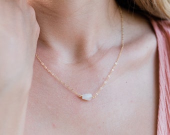 Small raw rainbow moonstone crystal nugget necklace in gold, silver, bronze or rose gold - June birthstone necklace
