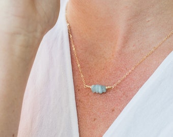 Aquamarine beaded bar necklace - Aquamarine necklace - Aquamarine gemstone necklace - Aquamarine bead necklace - March birthstone necklace