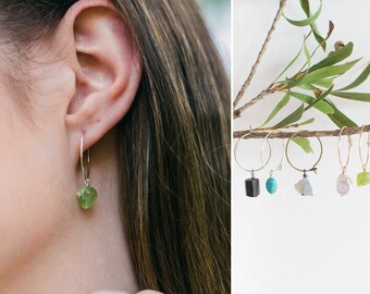 Personalized Raw Crystal Hoop Earrings, Birthstone Gemstone