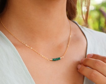 Green emerald precious gemstone beaded bar necklace. Tiny sparkle bead necklace. Real genuine May birthstone necklace gift for bridesmaids.