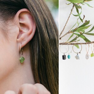 Personalised raw gemstone hoop earrings. Customise by choosing your birthstone crystal and metal. Rough gem stone hoop earrings gift for her