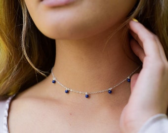 Lapis Lazuli boho choker. Lapis Lazuli choker. Blue bead drop choker. Blue crystal bead dangle choker. Bohemian blue choker necklace.