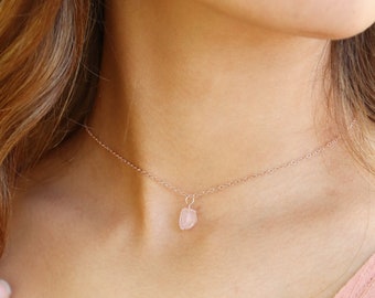 Tiny raw rose quartz gemstone pendant choker necklace in gold, silver, bronze or rose gold - January birthstone - Handmade to order