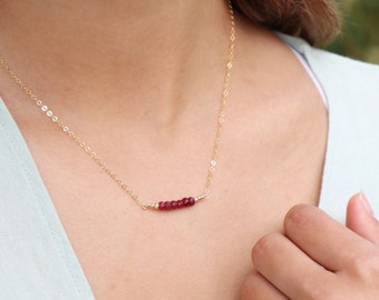 Ruby necklace. Precious gemstone bar ruby necklace. Tiny ruby bead bar necklace. Real genuine ruby gem necklace. July birthstone necklace.