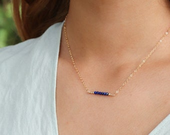 Blue lapis lazuli semi-precious gemstone beaded bar necklace. Tiny gem bead necklace. Genuine crystal September birthstone necklace gift.